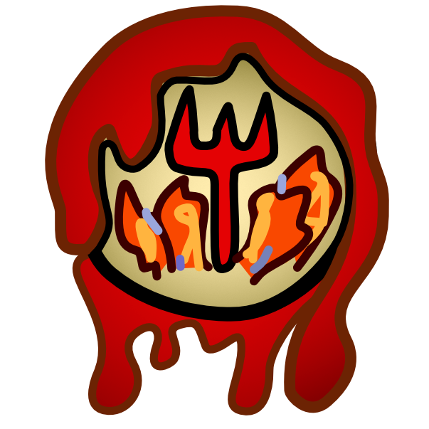 a circle with a black outline, covered in blood. It has a gradient interior, (radial gradient, off white to reddish orange). Inside the circle is a red pitchfork surrounded at its base by flames.